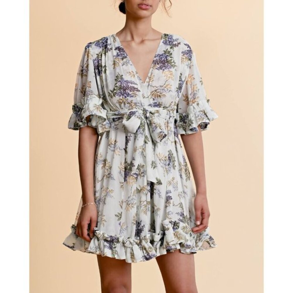 byTiMo Dress Small Mini Bohemian Floral Ruffle Trim Belt Wrap dress size XS